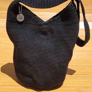 The Sak Womens Large Crochet Knitted Hobo Shoulder Bag Boho Tote Black Purse